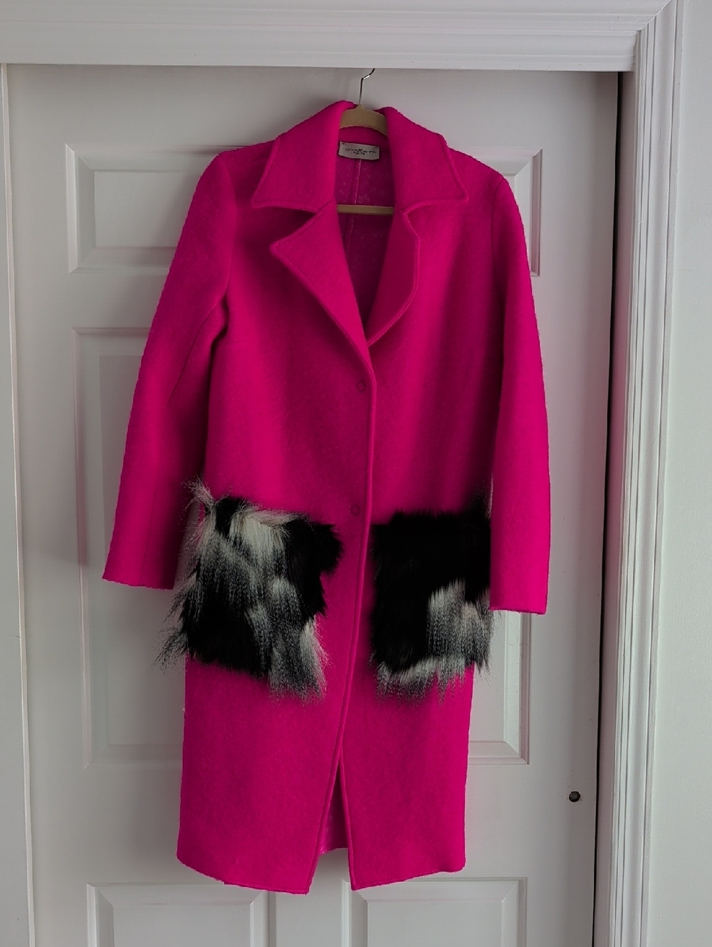 Hot Magenta Wool Coat with Black & White Fur Pockets